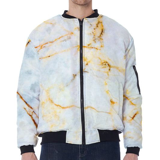 Natural Gold Marble Print Zip Sleeve Bomber Jacket