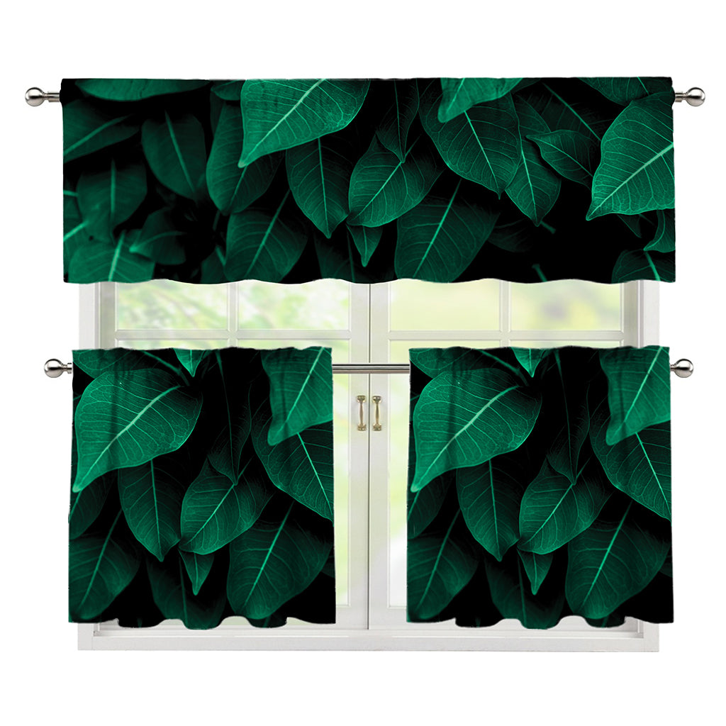 Natural Green Leaf Print 3 Piece Kitchen Curtains