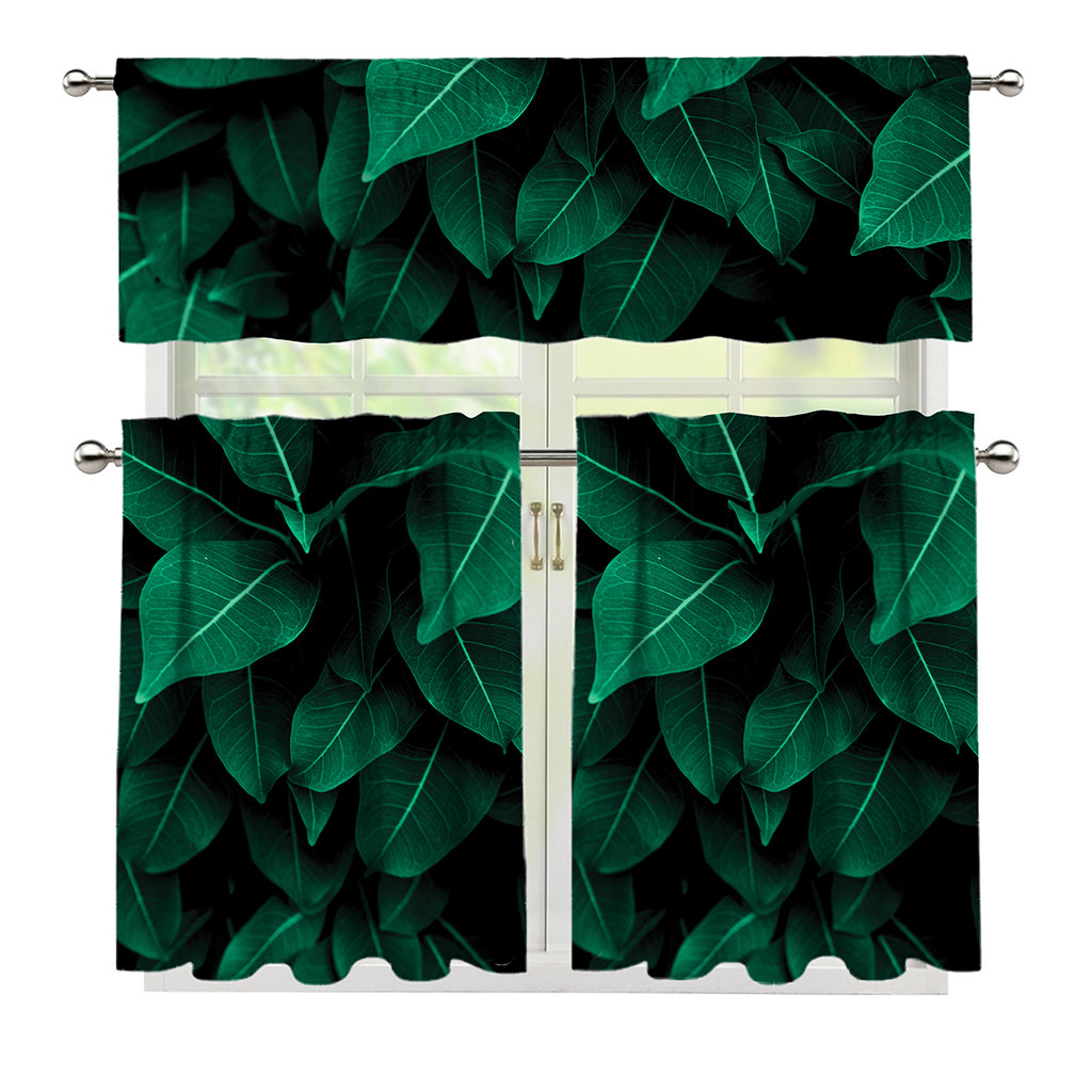 Natural Green Leaf Print 3 Piece Kitchen Curtains