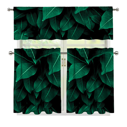 Natural Green Leaf Print 3 Piece Kitchen Curtains