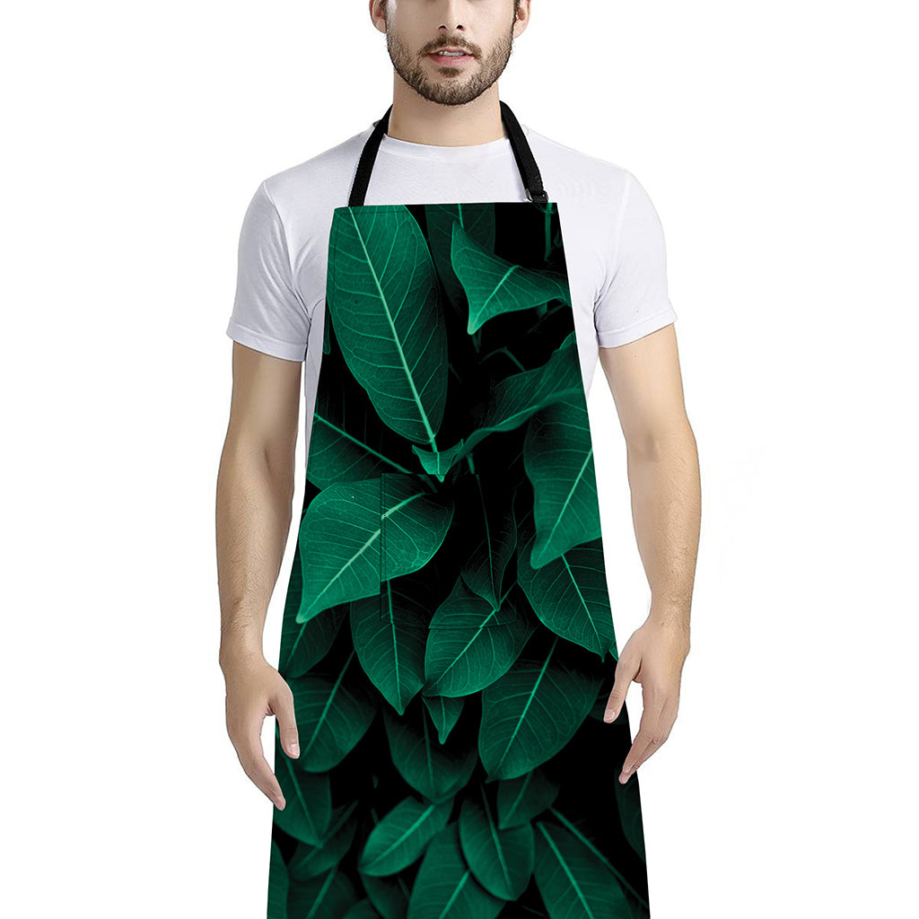 Natural Green Leaf Print Bib Apron With Pocket