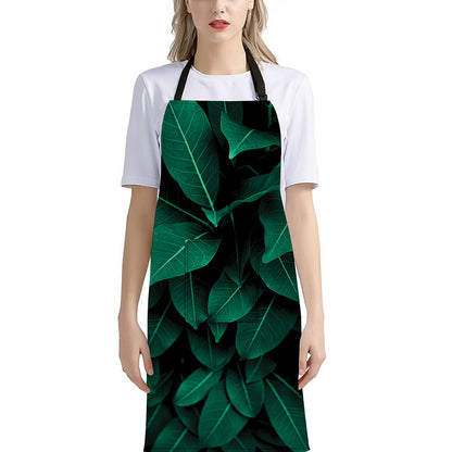 Natural Green Leaf Print Bib Apron With Pocket