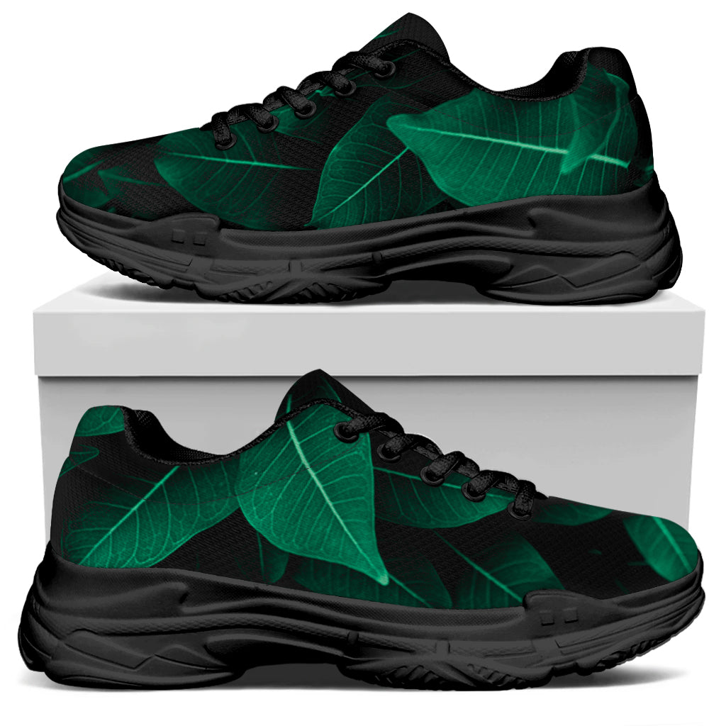 Natural Green Leaf Print Black Chunky Shoes