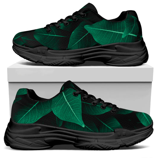 Natural Green Leaf Print Black Chunky Shoes