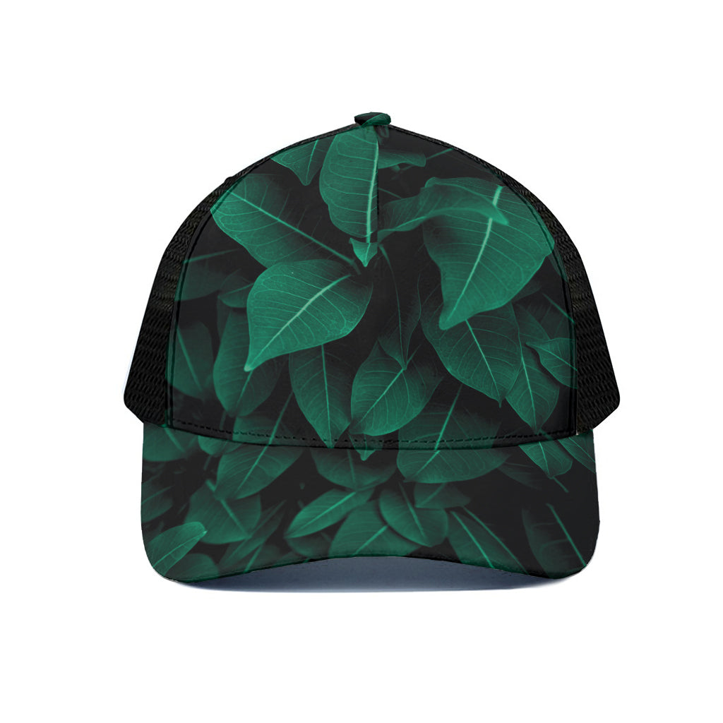 Natural Green Leaf Print Black Mesh Trucker Cap