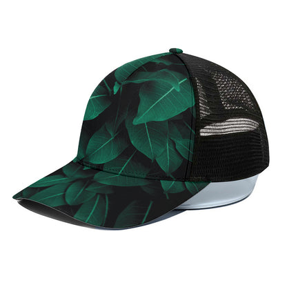 Natural Green Leaf Print Black Mesh Trucker Cap
