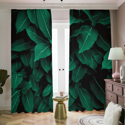 Natural Green Leaf Print Blackout Pencil Pleat Curtains