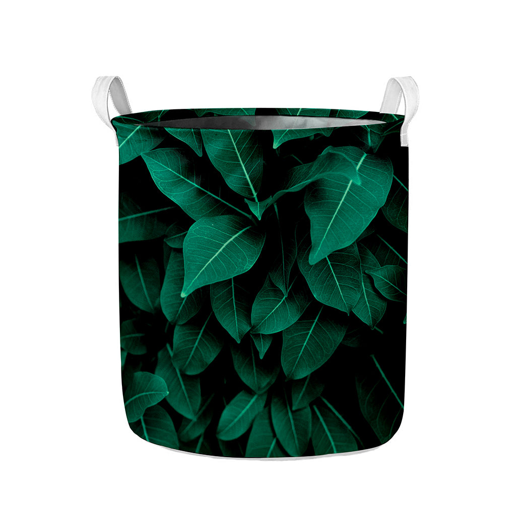 Natural Green Leaf Print Collapsible Laundry Basket