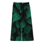 Natural Green Leaf Print Cotton Front Slit Maxi Skirt