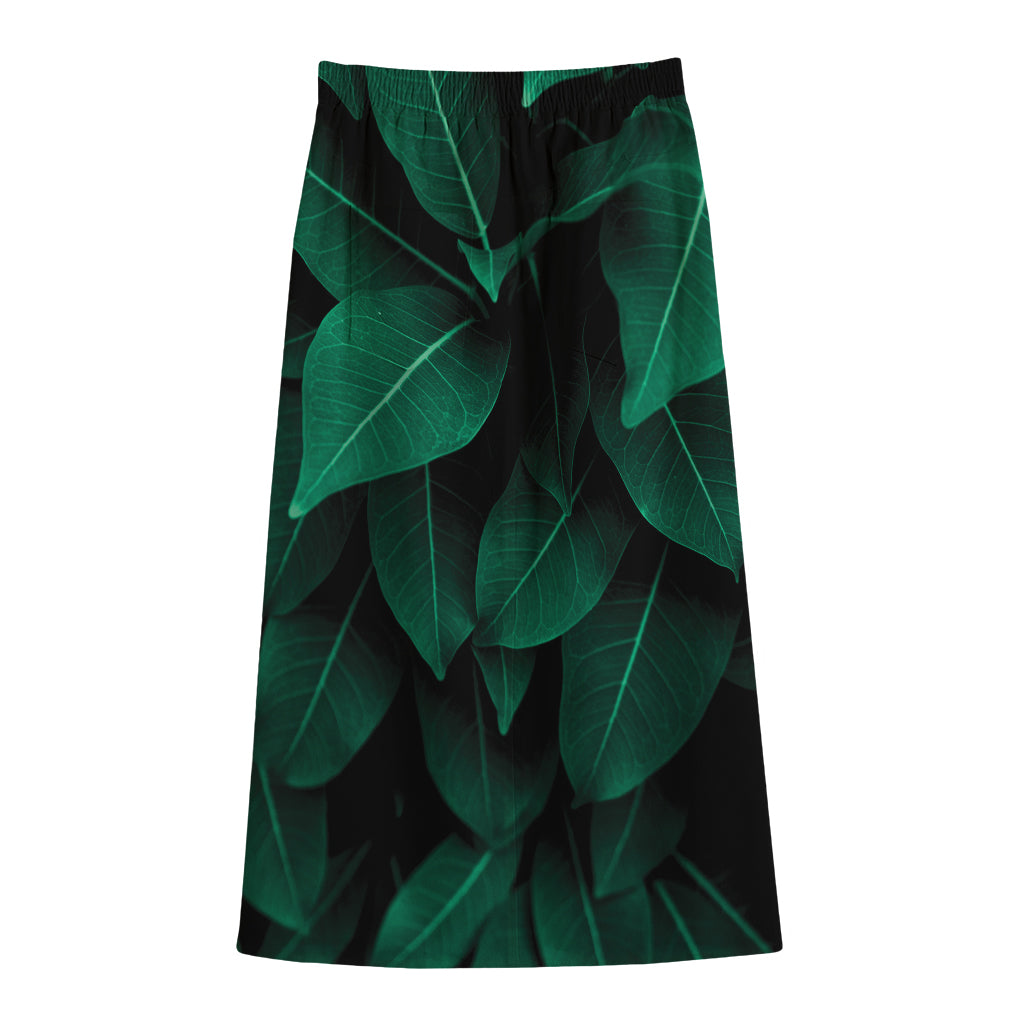 Natural Green Leaf Print Cotton Front Slit Maxi Skirt