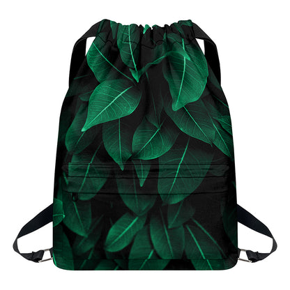 Natural Green Leaf Print Drawstring Backpack