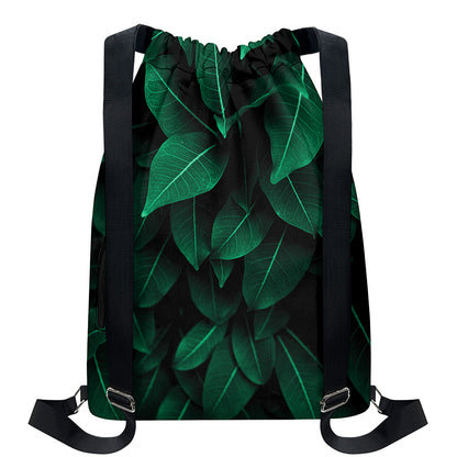 Natural Green Leaf Print Drawstring Backpack