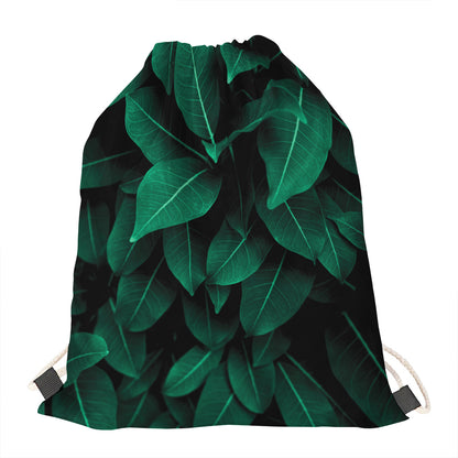 Natural Green Leaf Print Drawstring Bag