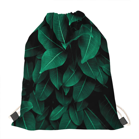 Natural Green Leaf Print Drawstring Bag