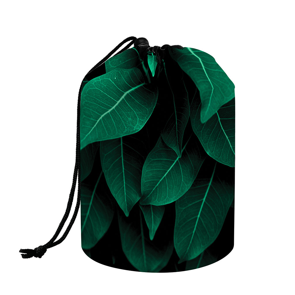 Natural Green Leaf Print Drawstring Makeup Bag