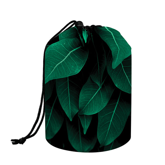 Natural Green Leaf Print Drawstring Makeup Bag