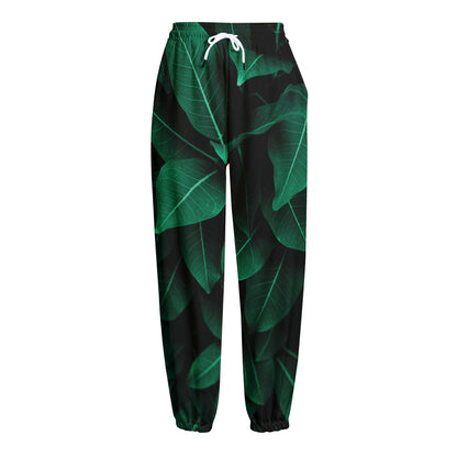 Natural Green Leaf Print Fleece Lined Knit Pants