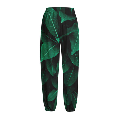 Natural Green Leaf Print Fleece Lined Knit Pants