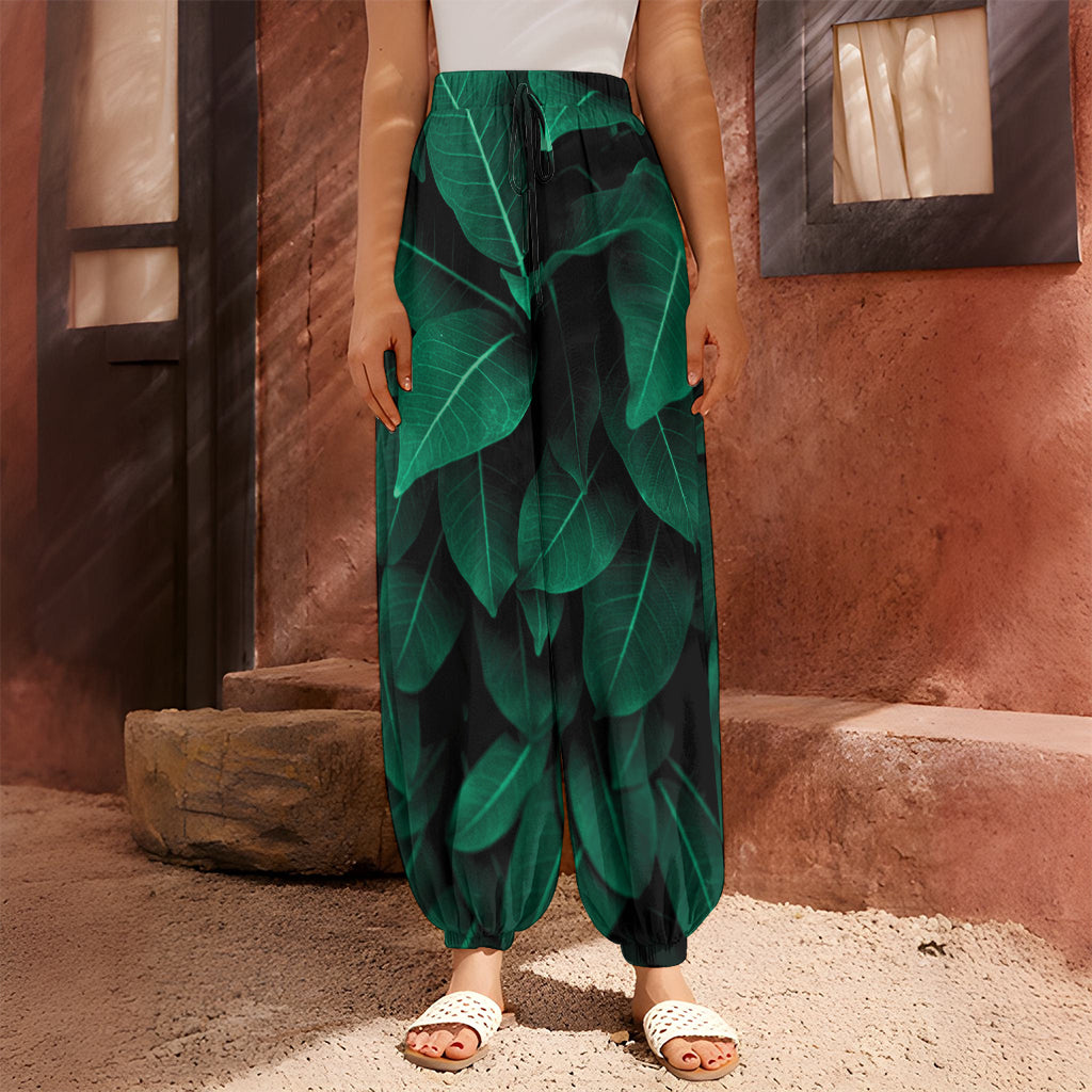 Natural Green Leaf Print Harem Pants