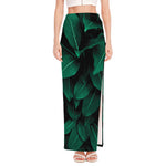 Natural Green Leaf Print High Slit Maxi Skirt