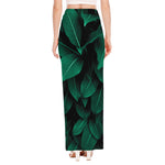 Natural Green Leaf Print High Slit Maxi Skirt