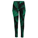 Natural Green Leaf Print High-Waisted Pocket Leggings