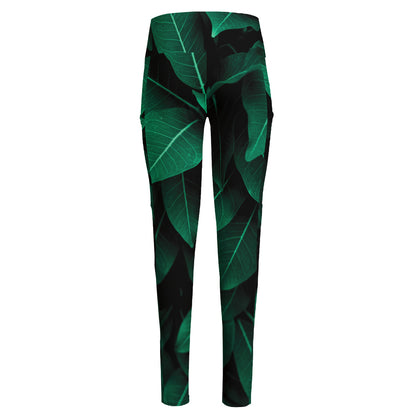 Natural Green Leaf Print High-Waisted Pocket Leggings