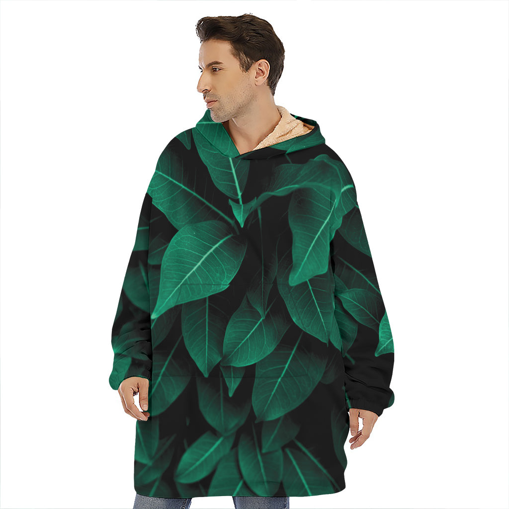 Natural Green Leaf Print Hoodie Blanket