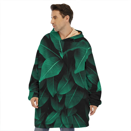 Natural Green Leaf Print Hoodie Blanket