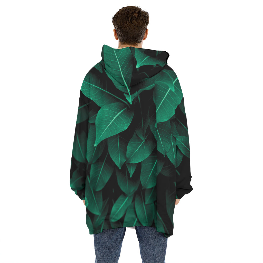 Natural Green Leaf Print Hoodie Blanket