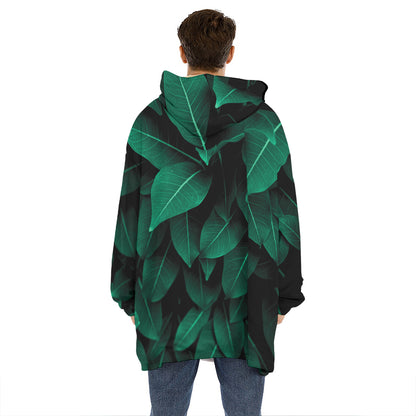 Natural Green Leaf Print Hoodie Blanket
