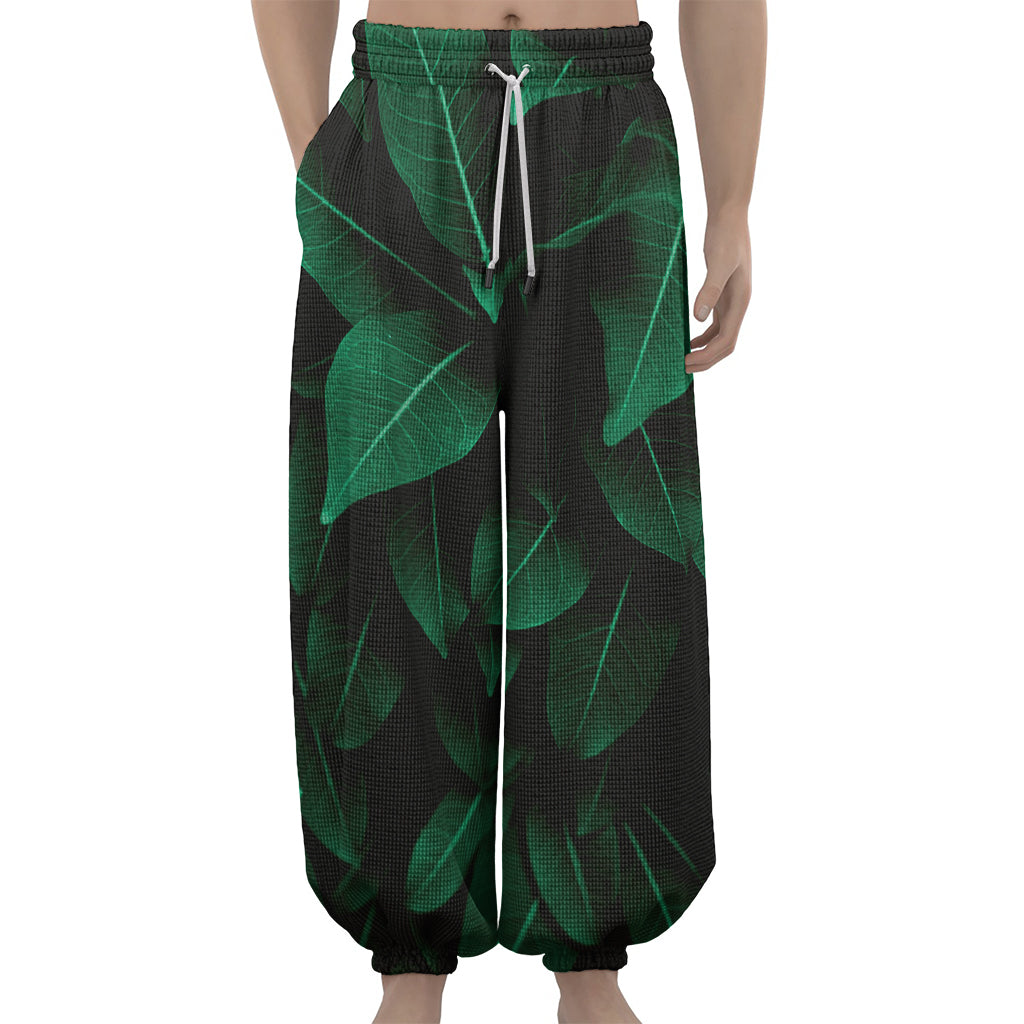 Natural Green Leaf Print Lantern Pants