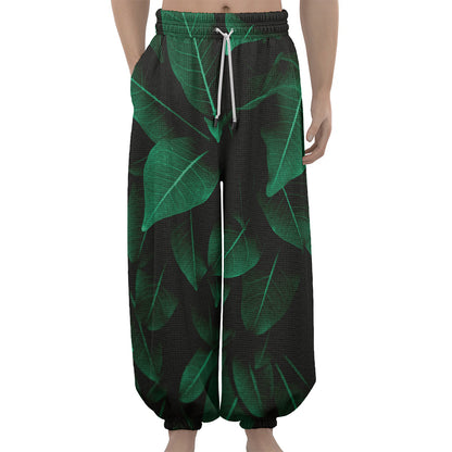 Natural Green Leaf Print Lantern Pants