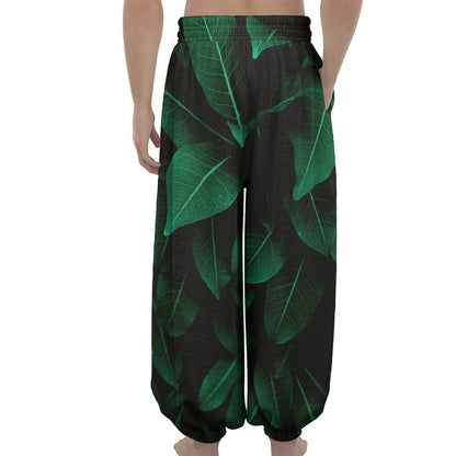Natural Green Leaf Print Lantern Pants