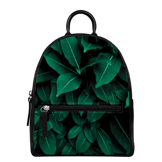 Natural Green Leaf Print Leather Backpack