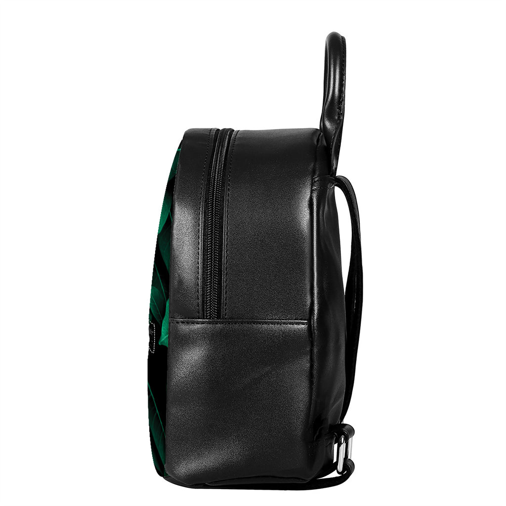 Natural Green Leaf Print Leather Backpack