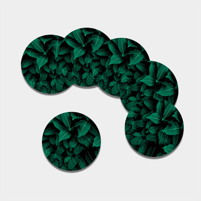 Natural Green Leaf Print Leather Coaster Set