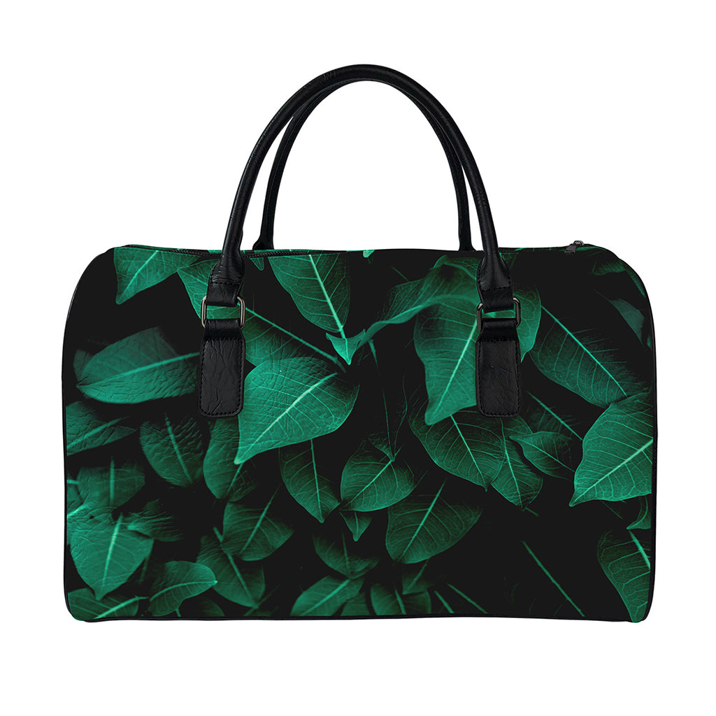 Natural Green Leaf Print Leather Duffle Bag
