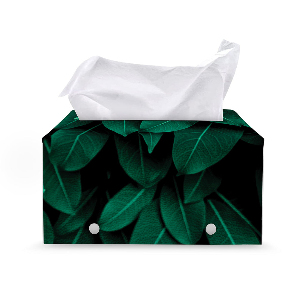 Natural Green Leaf Print Leather Tissue Box Cover