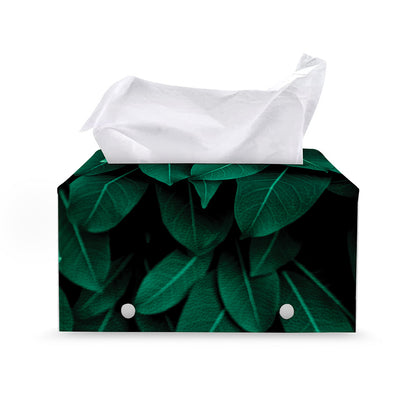 Natural Green Leaf Print Leather Tissue Box Cover