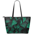 Natural Green Leaf Print Leather Tote Bag With Zipper