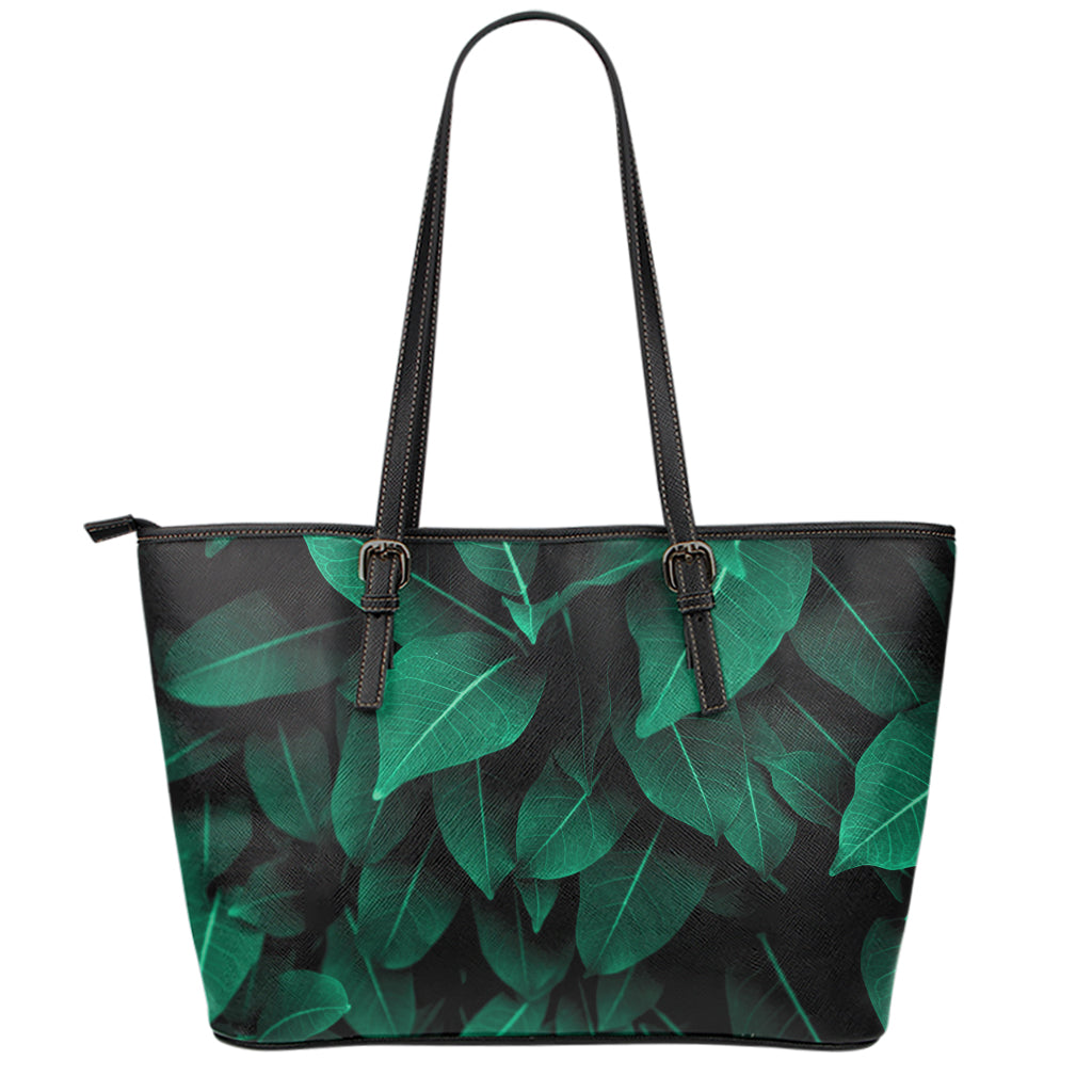 Natural Green Leaf Print Leather Tote Bag