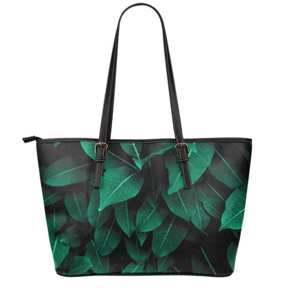 Natural Green Leaf Print Leather Tote Bag