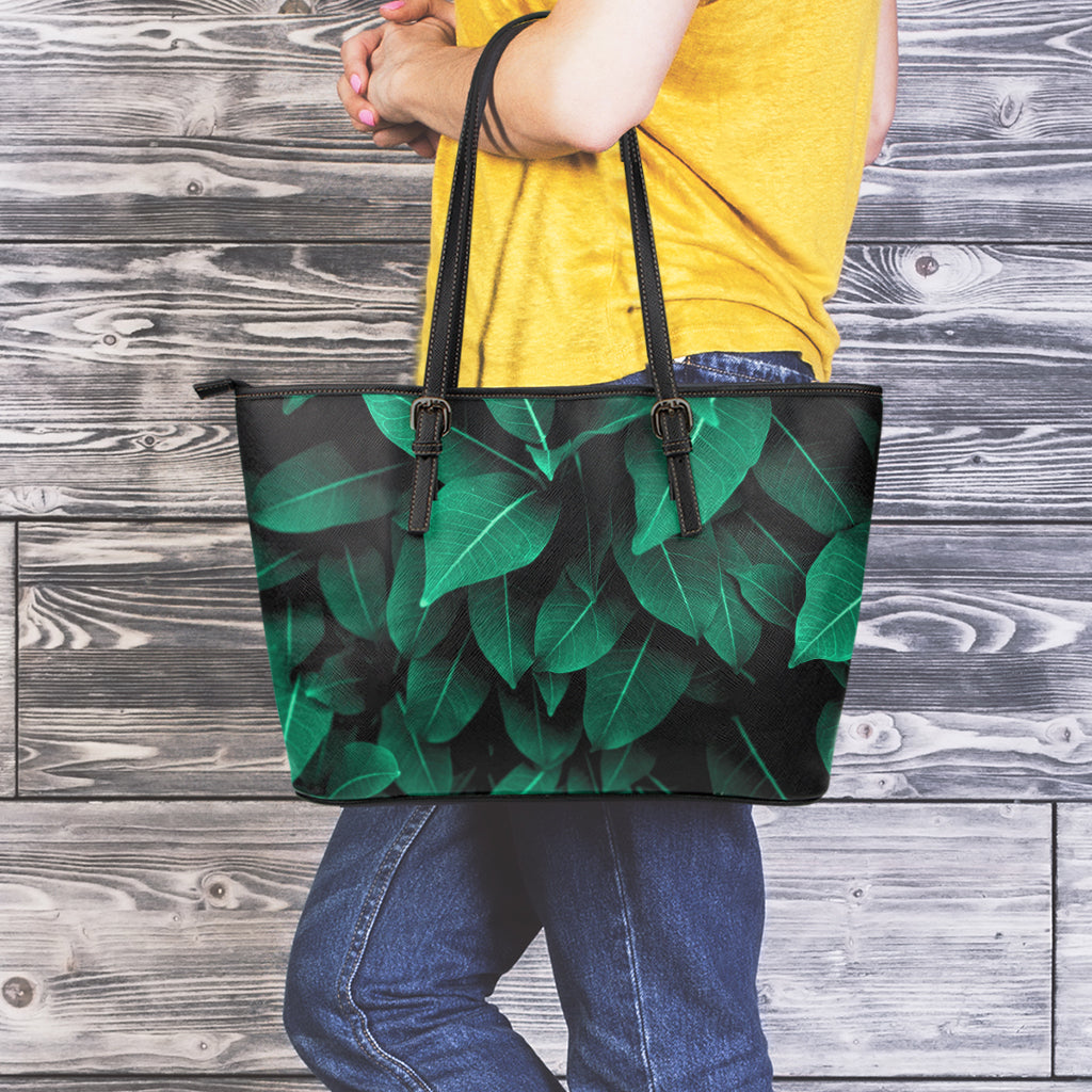 Natural Green Leaf Print Leather Tote Bag
