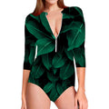 Natural Green Leaf Print Long Sleeve Swimsuit