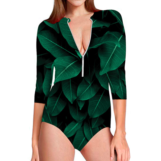 Natural Green Leaf Print Long Sleeve Swimsuit