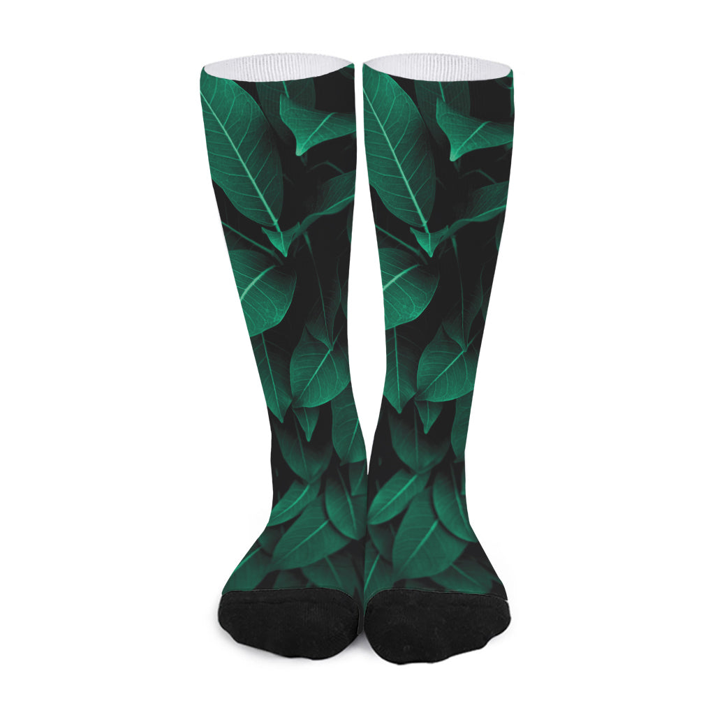 Natural Green Leaf Print Long Socks