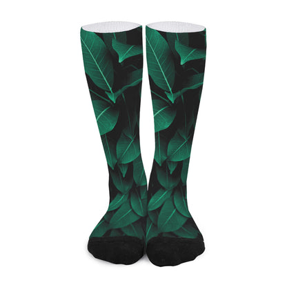 Natural Green Leaf Print Long Socks