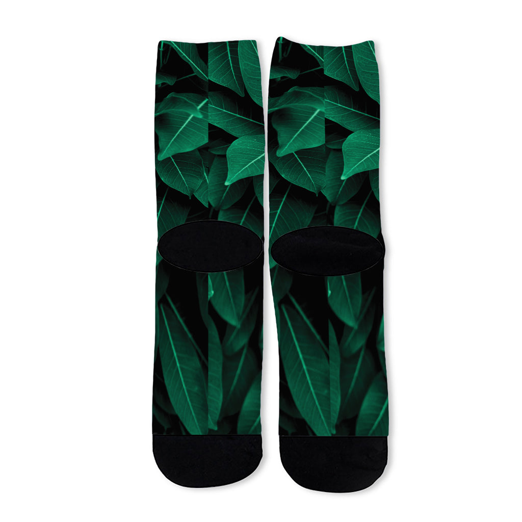 Natural Green Leaf Print Long Socks