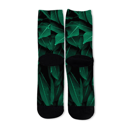 Natural Green Leaf Print Long Socks